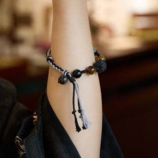 Buddha Gift Natural Fluorite Amethyst Silver Sheen Obsidian Tiger's Eye Protection Rope Bracelet