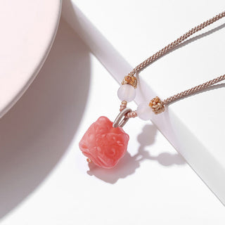 Buddha Gift Natural Silver Sheen Obsidian Red Agate Dancing Lion Protection Necklace Pendant