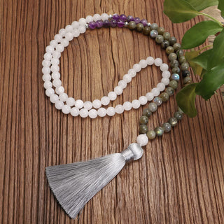 Buddha Gift 108 Mala Beads White Agate Amethyst Black Glitter Stone Protection Bracelet