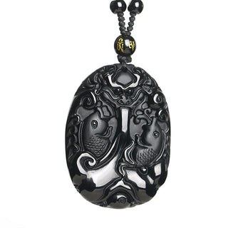 Buddha Gift Black Obsidian Koi Fish Bead Rope Fulfilment Strength Necklace Pendant