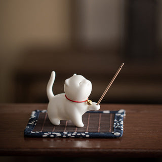 Buddha Gift Mini Lucky Cat Kitten Tea Pet Ceramic Home Desk Figurine Decoration With Bamboo Mat