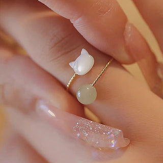 Buddha Gift Tridacna Stone Cat Head Jade Bead Blessing Ring