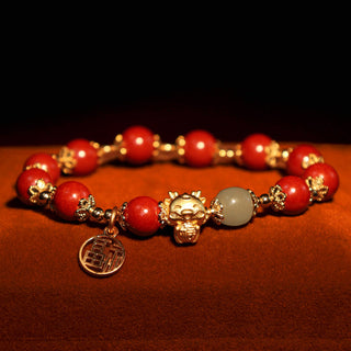 Buddha Gift Year of the Dragon Natural Cinnabar Fu Character Charm Blessing Bracelet
