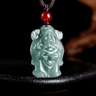 Buddha Gift Natural Green Jade Chinese God of Wealth Caishen Ingot Abundance Necklace Pendant