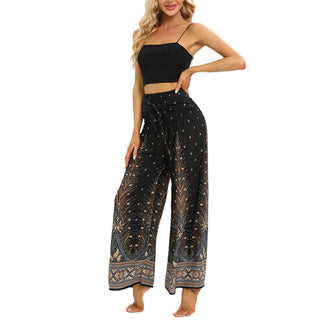 Buddha Gift Boho Peacock Feathers Lace-up Wide Leg Pants Women's Yoga Pants