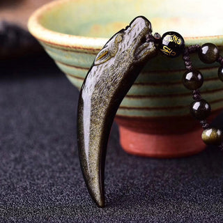 Buddha Gift Natural Black Obsidian Ice Obsidian Rainbow Obsidian Wolf Tooth Pattern Strength Necklace Pendant