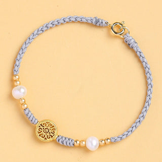 Buddha Gift Copper Coin Fortune Tree Pearl Luck Blue Rope Braided Bracelet