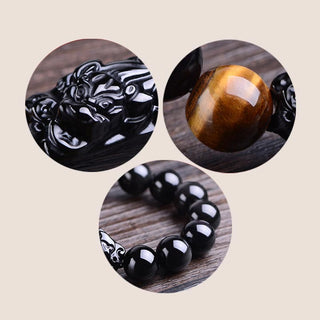 Buddha Gift Natural Black Obsidian PiXiu Tiger's Eye Strength Bracelet