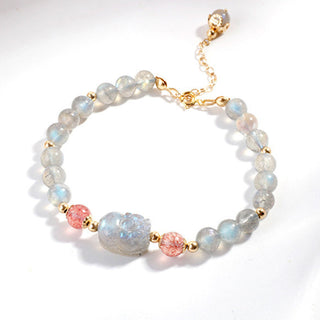 Buddha Gift Moonstone Strawberry Quartz PiXiu Healing Bracelet