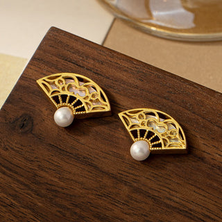 Buddha Gift 925 Sterling Silver Posts Fan Pattern Pearl Copper Wisdom Stud Drop Earrings