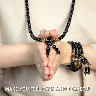 Buddha Gift 108 Beads Natural Black Obsidian Tiger Eye Mala Bracelet