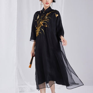 Buddha Gift 100% Mulberry Silk 6 Momme Dress Vintage Flower Butterfly Embroidery Qipao Dress Women's Cheongsam Dress