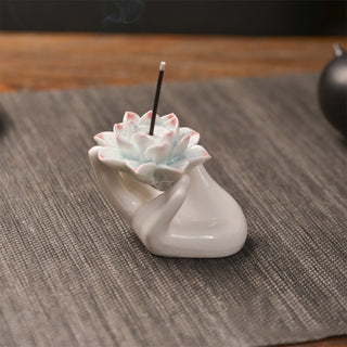 Buddha Gift Small Ceramic Lotus Hand Healing Meditation Incense Burner Decoration