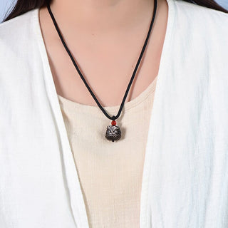 Buddha Gift Natural Silver Sheen Obsidian Dancing Lion Protection Necklace Pendant