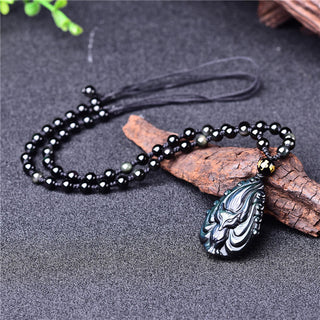 Buddha Gift Natural Rainbow Obsidian Nine Tailed Fox Inner Peace Necklace Beaded String Pendant