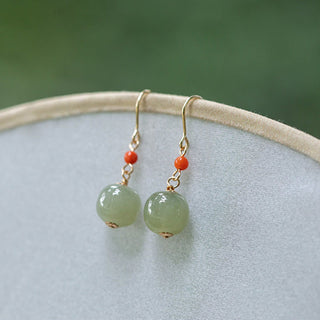 Buddha Gift 925 Sterling Silver 14K Gold Plated Hetian Jade Red Agate Luck Drop Dangle Earrings