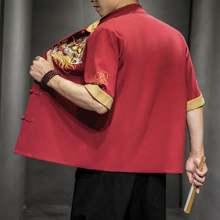 Buddha Gift Frog-Button Chinese Dragon Auspicious Cloud Embroidery Half Sleeve Shirt Cotton Linen Men Clothing