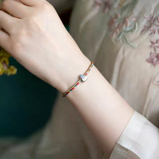 Buddha Gift 925 Sterling Silver Fu Character Zongzi Pattern Multicolored String Luck Handmade Braided Bracelet