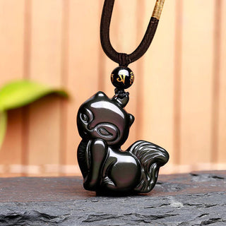 Buddha Gift Natural Rainbow Obsidian Gold Sheen Obsidian Nine Tailed Fox Positive Necklace Pendant
