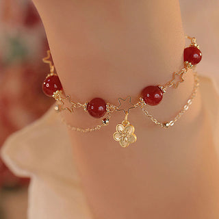 Buddha Gift 14k Gold Plated Red Agate Star Flower Charm Calm Bracelet