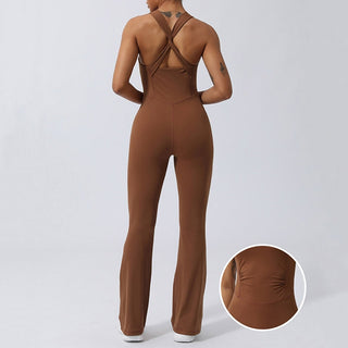 Buddha Gift Women Workout Crisscross Sleeveless Flare Jumpsuit Sports Fitness Yoga Bodysuit