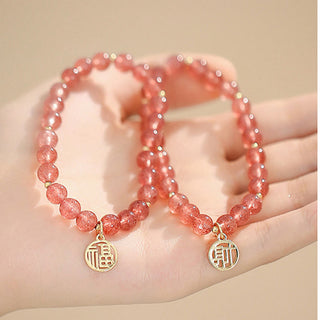 Buddha Gift 14K Gold Plated Strawberry Quartz Fu Character Healing Charm Bracelet