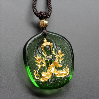 Buddha Gift Tibetan Green Tara Buddha Gold Plated Liuli Crystal Protection Necklace Pendant
