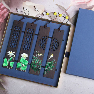 Buddha Gift Green Lotus Bamboo Oriole Ebony Wood Bookmarks With Gift Box