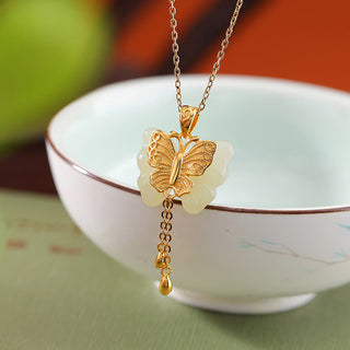 Buddha Gift 925 Sterling Silver Plated Gold Hetian White Jade Butterfly Blessing Necklace Pendant