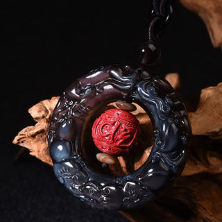 Buddha Gift FengShui Natural Rainbow Obsidian PiXiu Cinnabar Healing Necklace Pendant