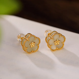 Buddha Gift 925 Sterling Silver Hetian Jade Plum Flower Luck Stud Earrings