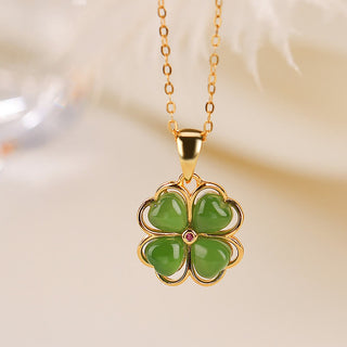 Buddha Gift 925 Sterling Silver Hetian Cyan Jade Lucky Four Leaf Clover Healing Necklace Pendant