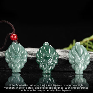 Buddha Gift Natural Green Jade Nine Tailed Fox Luck Necklace Pendant
