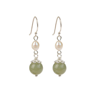 Buddha Gift 925 Sterling Silver Natural Pearl Jade Wisdom Earrings