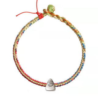 Buddha Gift 925 Sterling Silver Fu Character Zongzi Pattern Multicolored String Luck Handmade Braided Bracelet
