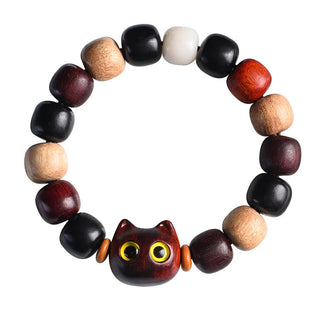 Buddha Gift Small Leaf Red Sandalwood Ebony Wood Cute Cat Engraved Protection Bracelet