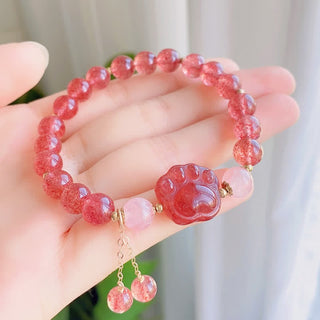 Buddha Gift Natural Strawberry Quartz Pink Crystal Lucky Cat Paw Love Bracelet
