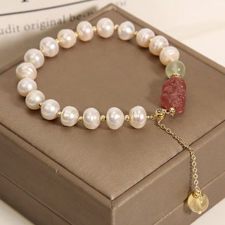 Buddha Gift Natural Pearl Strawberry Quartz PiXiu Optimism Charm Bracelet