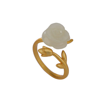 Buddha Gift 925 Sterling Silver Plated Gold Rose Flower Hetian White Jade Happiness Ring