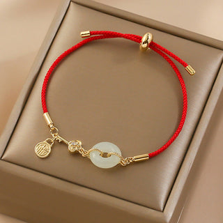Buddha Gift 18K Gold Plated Hetian Jade Peace Buckle Fu Character Luck Red Rope Bracelet