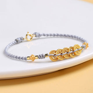 Buddha Gift Copper Coin Fortune Tree Pearl Luck Blue Rope Braided Bracelet