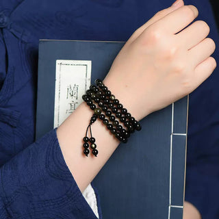 Buddha Gift 108 Mala Beads Natural Gold Sheen Obsidian Wealth Bracelet