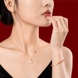 Buddha Gift 925 Sterling Silver Plated 18K Gold Hetian Jade Ruyi Cat Cinnabar Luck Bracelet Necklace Pendant Set