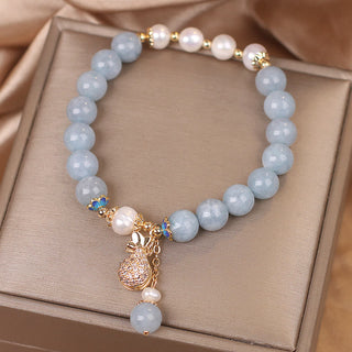 Buddha Gift Aquamarine Pearl Fortune Money Bag Charm Bracelet