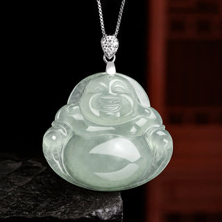 Buddha Gift 925 Sterling Silver Natural Jade Laughing Buddha Prosperity Abundance Chain Necklace Pendant