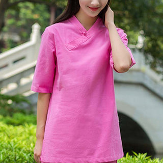 Buddha Gift 2Pcs Half Sleeve V-Neck Shirt Top Pants Meditation Zen Tai Chi Linen Clothing Women's Set