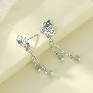 Buddha Gift 925 Sterling Silver Natural Green Aventurine Butterfly Luck Necklace Pendant Earrings Set