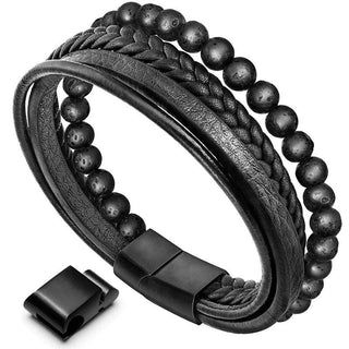 Buddha Gift Natural Lava Rock Black Onyx Bead Leather Bracelet