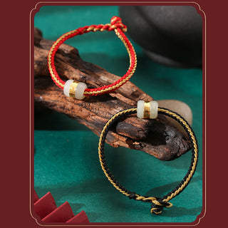 Buddha Gift 999 Gold Hetian White Jade Om Mani Padme Hum Fu Character Luck Braided Bracelet
