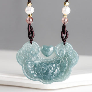 Buddha Gift Natural Jade Peony Flower Lock of Good Wishes Prosperity Necklace Pendant